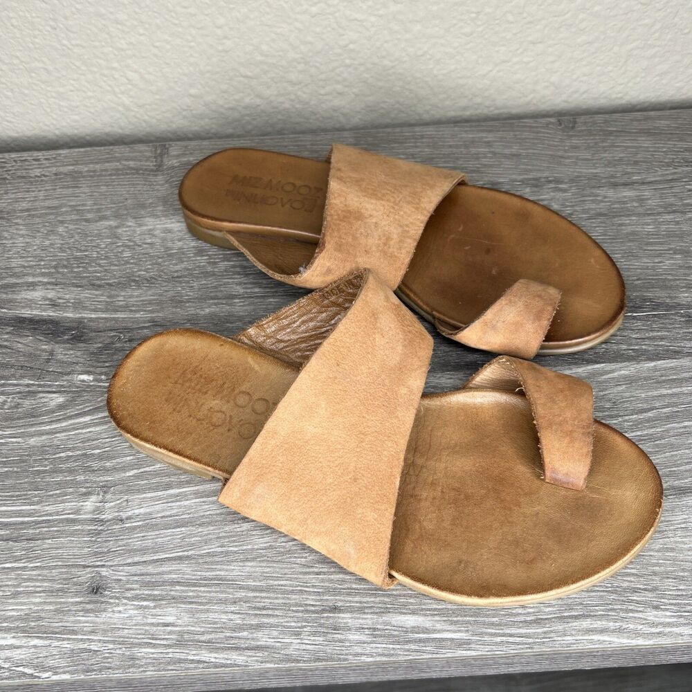 Miz Mooz Leather Slide Sandals Flats Tan EU 36 (US 5-6) Strap Toe Loop High Arch - Picture 3 of 9